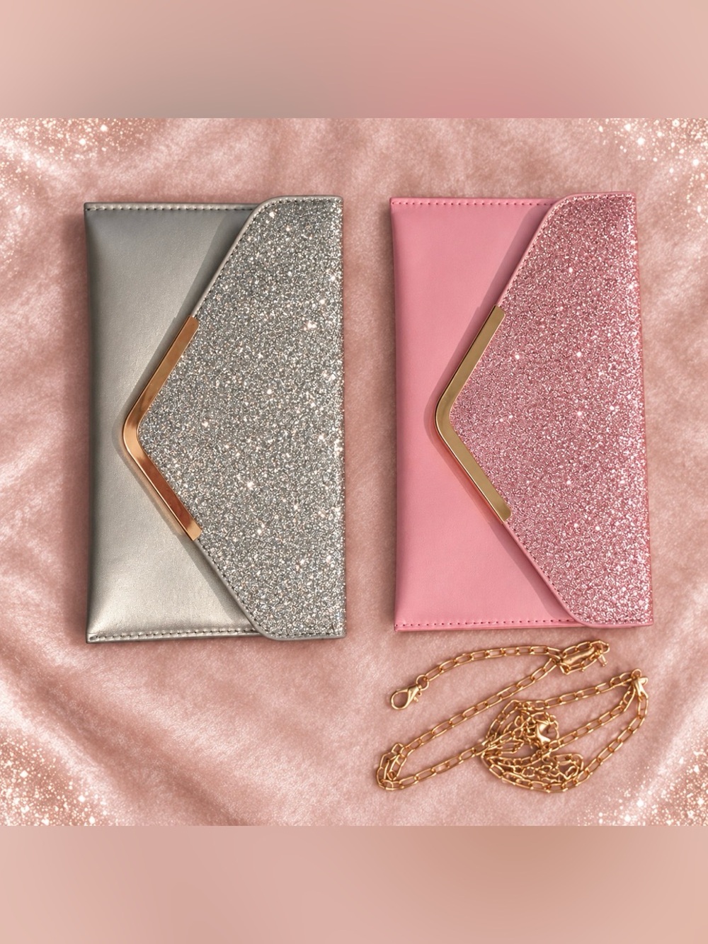 New Glitter Envelope Clutch - Pink and Silver